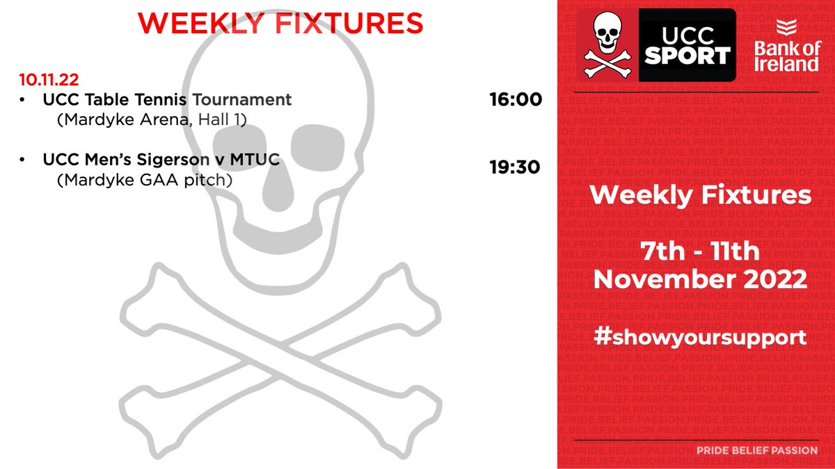 🏐🏉⚽️🏀🏓
Lots of action happening this week!
<a href="/ucc_gaa/">UCC GAA</a>, <a href="/UCCSoccer/">UCC Soccer</a>, <a href="/UCCRFC/">UCC Rugby</a>, <a href="/UCCBasketball/">UCC Basketball Club</a>  and <a href="/UCCTableTennis/">UCC Table Tennis</a>  will be all competing across our venues.

Stay up to date and #showyoursupport by following your club and their current fixtures! #findyourteam

<a href="/bankofireland/">Bank of Ireland</a>