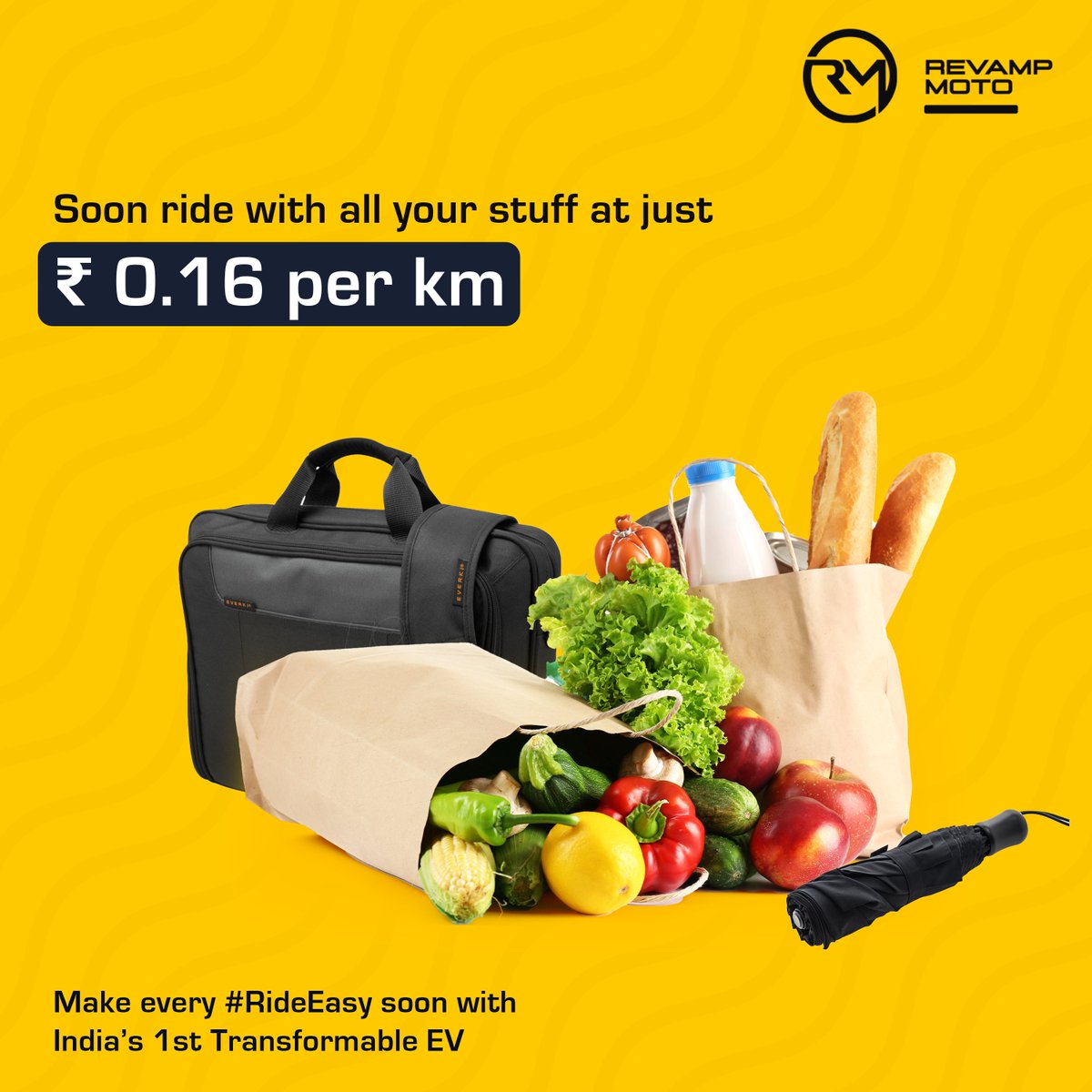 revampmoto's tweet image. Why suffer from surge-pricing and overcharging on hailing a ride, only to commute with your belongings?

Regular two-wheeler EVs shed the cost but not the load.

So what do you do? 
#RideEasy with Buddie, India’s 1st Transformable EV 😁

#ReimagineEV #BuiltToAdapt #launchingsoon