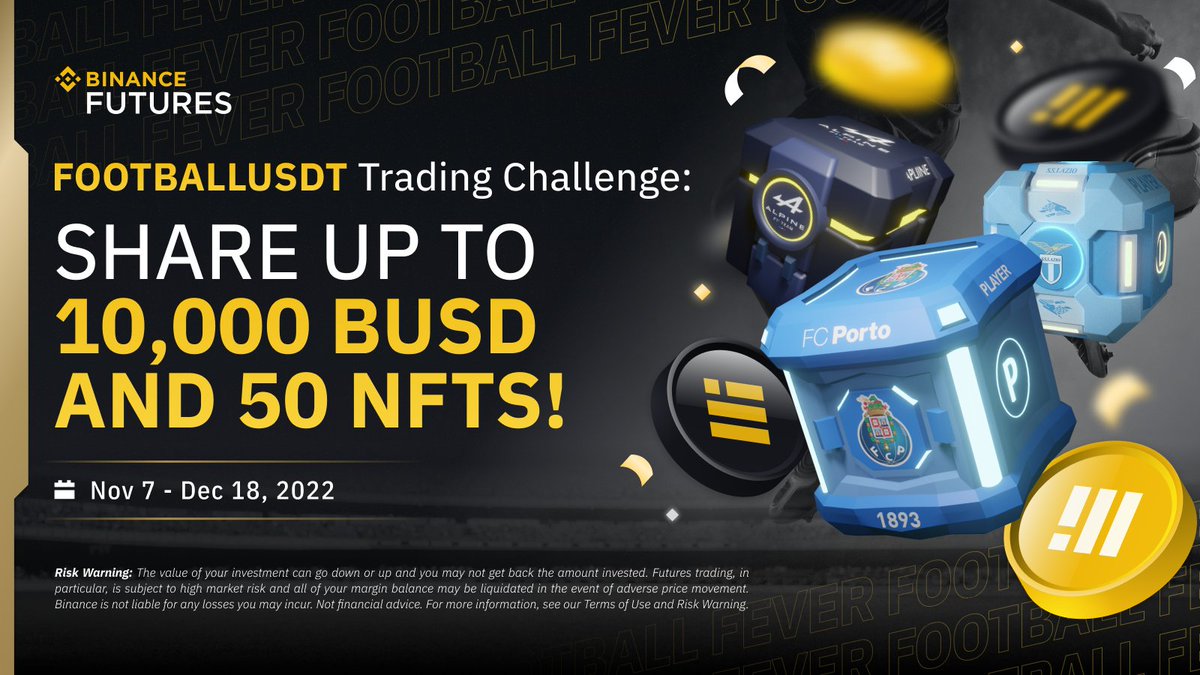 Celebrate the most anticipated football⚽ event of the year with Binance Futures FOOTBALLUSDT Trading Challenge!

Stand a chance to share
💰:Up to 10,000 BUSD token vouchers and 50 limited edition NFTs from <a href="/TheBinanceNFT/">Binance NFT</a> &amp; <a href="/BinanceFanToken/">Binance Fan Token</a> 

🧵Open thread for more info