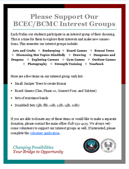 bcearlycollege's tweet photo. Each Friday BCEC &amp; BCMC students participate in an interest group of their choosing. Check out the flyer image to see all of the active interest groups &amp;  interest groups on a WISH LIST ! Call the number on the flyer or use this link to volunteer: https://t.co/F7bZH7bHF1! https://t.co/lWsBKVntdf