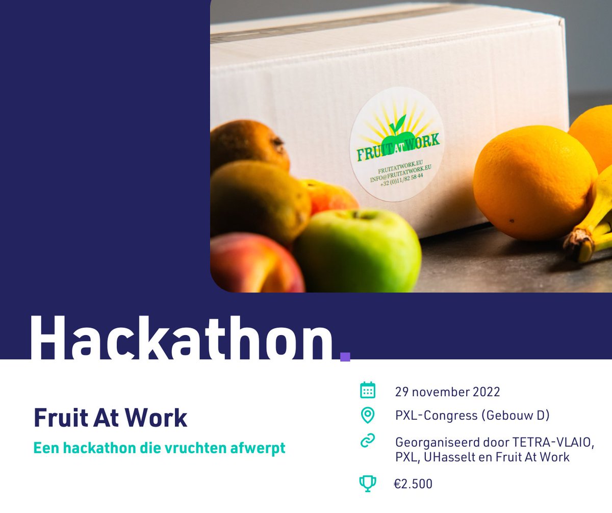 aibyexample's tweet image. AI by example organiseert een hackathon die vruchten afwerpt!🍎 Help Fruit At Work fruitverspilling tegen te gaan met AI en maak kans op een mooie geldprijs.

🗓 29 november 2022
📍 PXL-Congress (gebouw D)
🏆 €2.500

Meer info 👉 aibyexample.be/hackathon