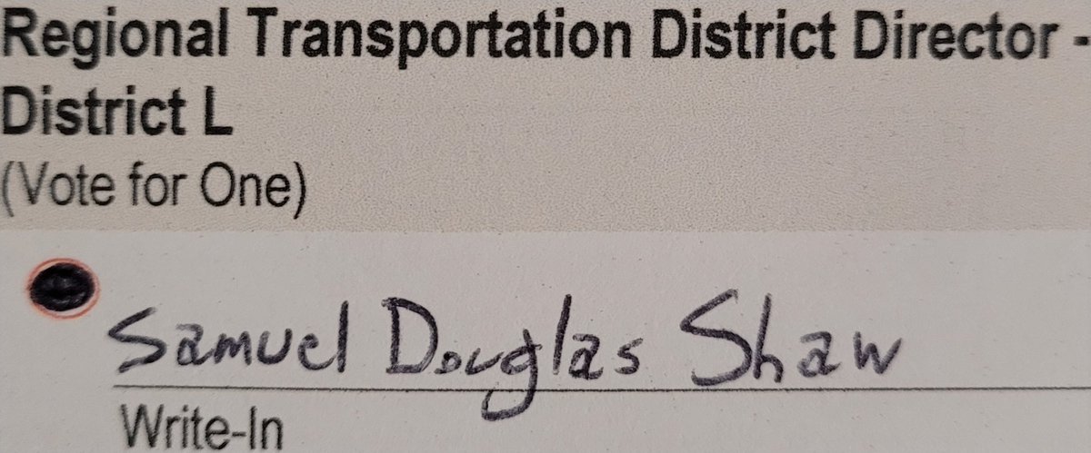 I'm a bit late here but I've noticed that the only option on my ballot for RTD director - district L is a write-in. So if you live in a part of Colorado where this is on your ballot too, go ahead and write me in for this one. I promise I'm qualified.
