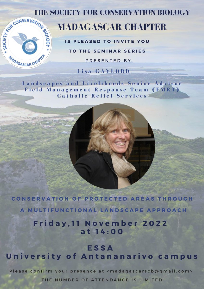 Society for Conservation Biology Madagascar Chapter

✅Seminar Series with our Guest : Lisa Gaylord, Field Management Response Team at CRS
✅Date: Friday 11th November 2022
✅At 14h 
✅ESSA Univesity Campus

Registration by email : madagascarscb@gmail.com

<a href="/SCB_Africa/">SCB Africa</a> <a href="/ESSAForets/">ESSA Eaux et Forêts</a>