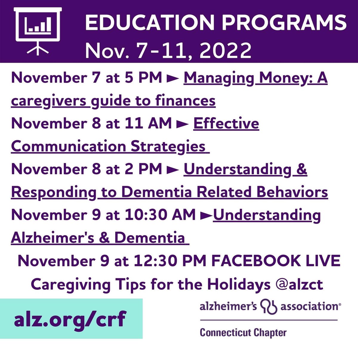 Tis the season of giving...give YOURSELF the gift of education!
So many programs this November, which is #nationalfamilycaregivermonth.
Register for one or more of the programs below at alz.org/crf or by calling 1.800.272.3900.
We are here for you...