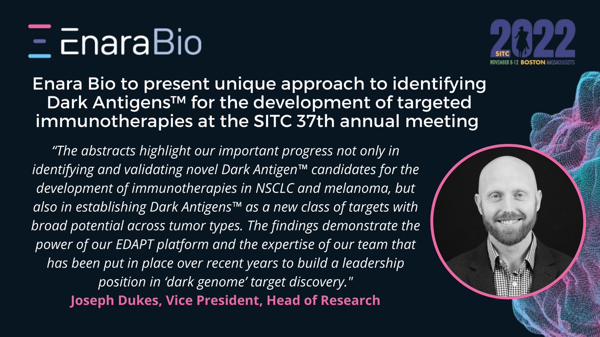 We are excited to be presenting two posters at the <a href="/sitcancer/">Society for Immunotherapy of Cancer</a> annual meeting. The abstracts describe the pioneering research being conducted by <a href="/Enara_Bio/">Enara Bio</a>  and our partners to identify #DarkAntigens as targets for #immunotherapy. Find out more: bit.ly/3E8pdT5