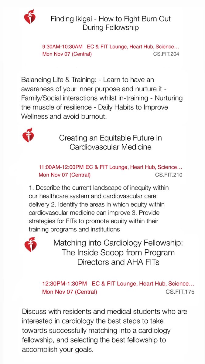 ☀️ Wrapping up day 3 at the #EarlyCareer & #FITLounge today w 3 essential sessions! 

✨ Matching into #Cardiology 
✨ Wellness as a #FIT 
✨ Helping how to create an #equitable future! 

CANT MISS this all 🌟 faculty panel starting 930am 👇🏼#AHAFIT @AHAScience #AHA22