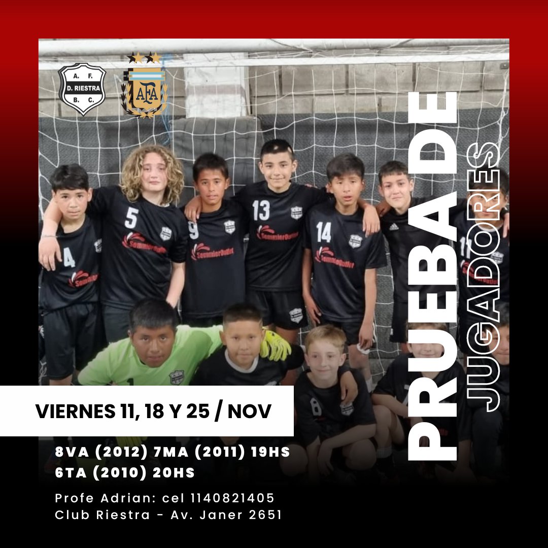 FUTSAL AFA 2023 
Te estamos buscando.
¡Categoría 2012-2011-2010!
#SomosRiestra