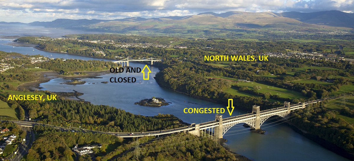 Anwenaxe7's tweet photo. @S_Calatrava Help.Anglesey. UK and the mainland of north Wales, UK need a new bridge. No-one can even agree on WHERE  to put it never mind if one SHOULD be built.The Menai Suspension bridge is shut. it is chaos. Low fee. https://t.co/we8FaRsgym