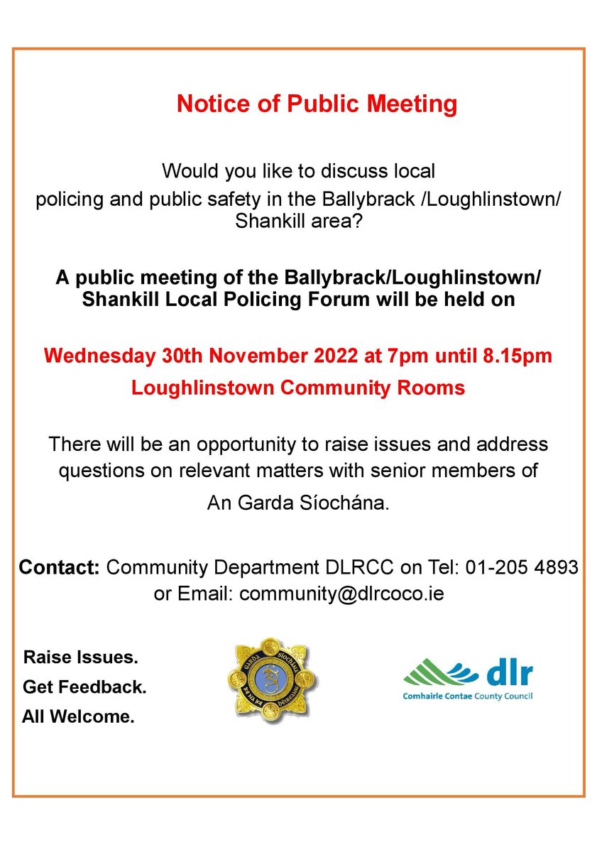 Ballybrack Loughlinstown Shankill Local Policing Forum -Notice of Public meeting