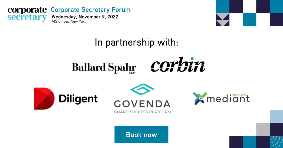GovernanceIntel's tweet photo. A big thank you to our partners: @BallardSpahrLLP, @CorbinResearch, @diligentHQ, @GovendaHQ and @MediantInc for partnering with us for this week's Corporate Secretary Forum, on Nov 9 in NYC! Find out more here: https://t.co/ujVDRKIixu #CorpGov #CSforum https://t.co/lPnAydNobP