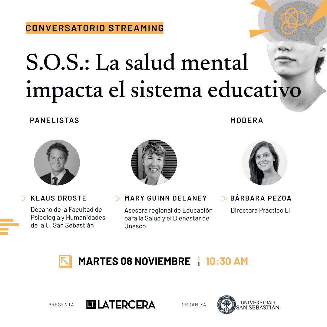 ¿Cuál es el estado actual de la #SaludMental de niñas/os y adolescentes en Chile? 🧒👉 Mañana, Klaus Droste, decano de la Facultad de Psicología y Humanidades #USS y Mary Guinn Delaney, asesora regional @UNESCO_es, analizan cómo afecta a las comunidades educativas @latercera ⬇️