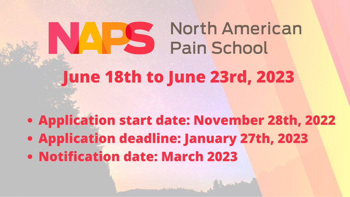 Hey #pain community! #NAPainSchool is back in 2023! You can submit your application on our website starting on November 28th, 2022.

NAPS is open to graduate students, post-doctoral fellows and clinician-scientists enrolled on a full time basis in a pain research training program