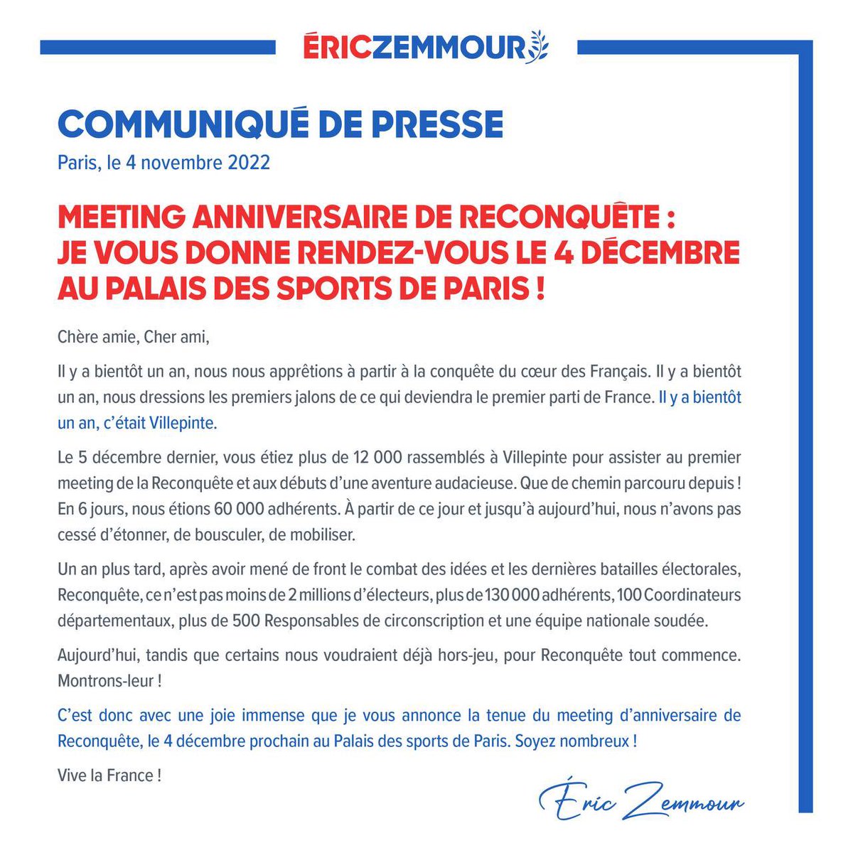Reconquete_off's tweet image. [Rappel]

🔴 Le 4 décembre, Éric Zemmour vous donne rendez-vous à Paris pour le meeting d’anniversaire de Reconquête.

Nous comptons sur vous !

#Meeting4Decembre #Reconquête