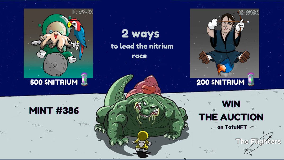 TheFlighters's tweet image. Hi Flighters!

⏰ Next Raffle on 9/11 
🏆100 $GLMR in prize 
3 picked at random from the top leaderboard

➡️TOTAL prize : 400 $GLMR

To Win the auction : tofunft.com/nft/moonbeam/0…
--
Mint : theflighters.com/#Mint 
--
Get $Nitrium : missions.theflighters.com

#Moonbeam  #comicsnft