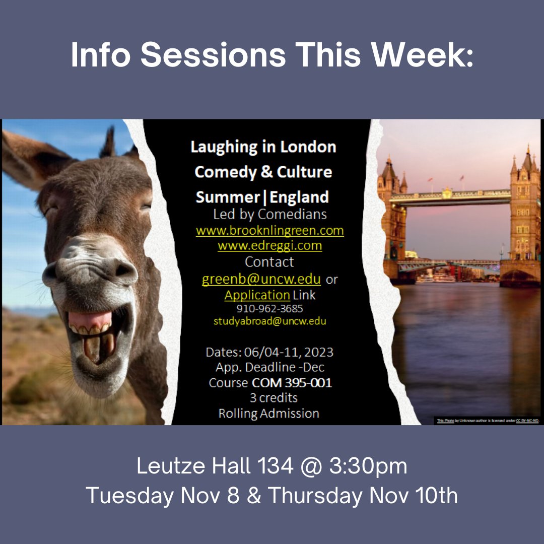 Join us in Leutze Hall this week or on Zoom to learn about our Comedy &amp; Culture Laughing in London faculty led program! This course satisfies a 3 hour COM credit and takes place June 4-11, 2023. 
uncw.zoom.us/j/89015130025?…