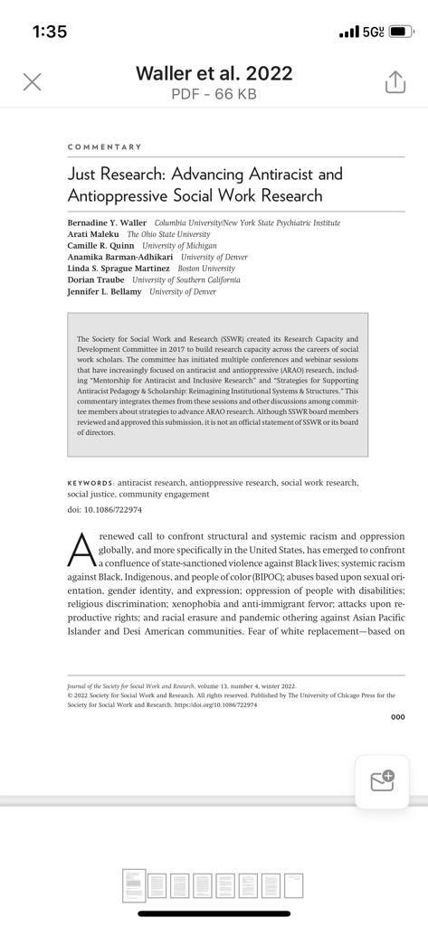 Such a transformative time working on this commentary w recommendations for conducting #antiracist and #antioppressive #SWK research w <a href="/AratiMaleku/">AratiMaleku</a> @CRQ488 <a href="/BarmanAdhikari/">Anamika Barman-Adhikari</a> Linda Sprague Martinez <a href="/DorianTraube/">Dorian Traube</a> and @JBell2109 <a href="/SSWRorg/">SSWR</a> <a href="/JournalSSWR/">JSSWR Info</a>