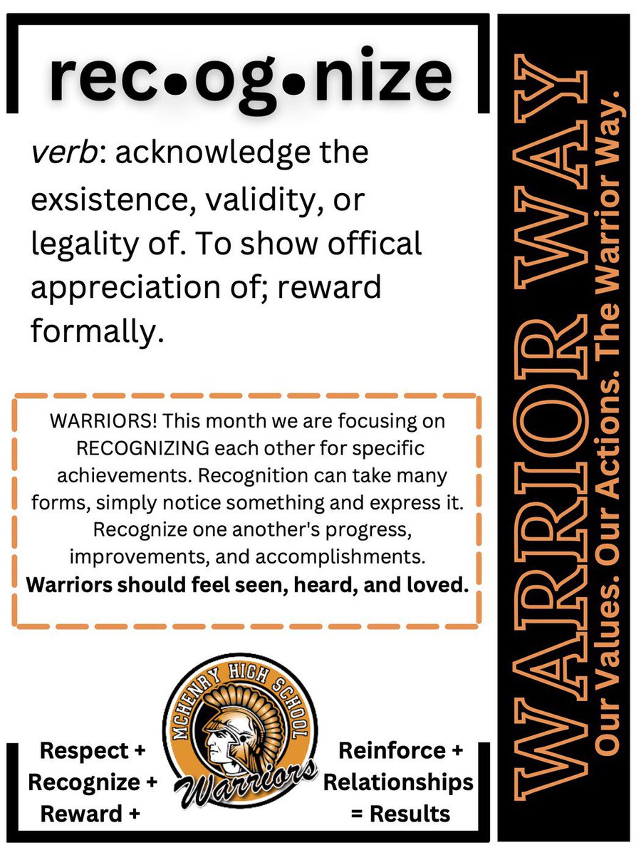 Warriors! This month we Take the time to RECOGNIZE the Accomplishments, Progress, and Improvements of others, Making sure they feel SEEN, HEARD & LOVED #WarriorWay156 #JostensRenaissance