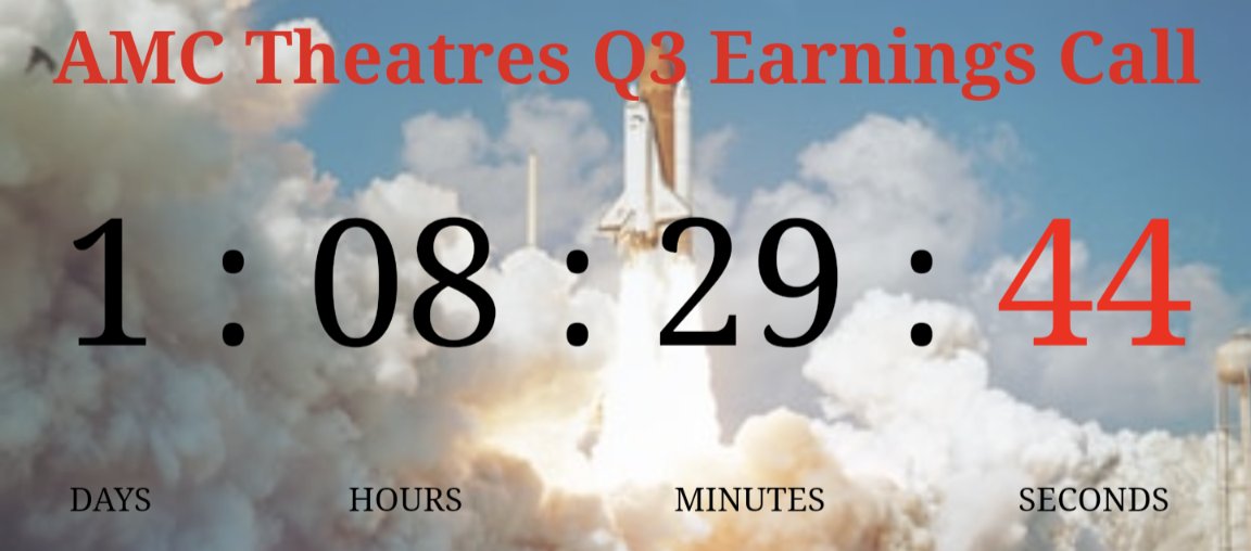 Countdown to;
AMC Theatres Q3 Earnings Call 
#AMC $AMC Ape Strong $APE 
LFG  🚀🚀🚀