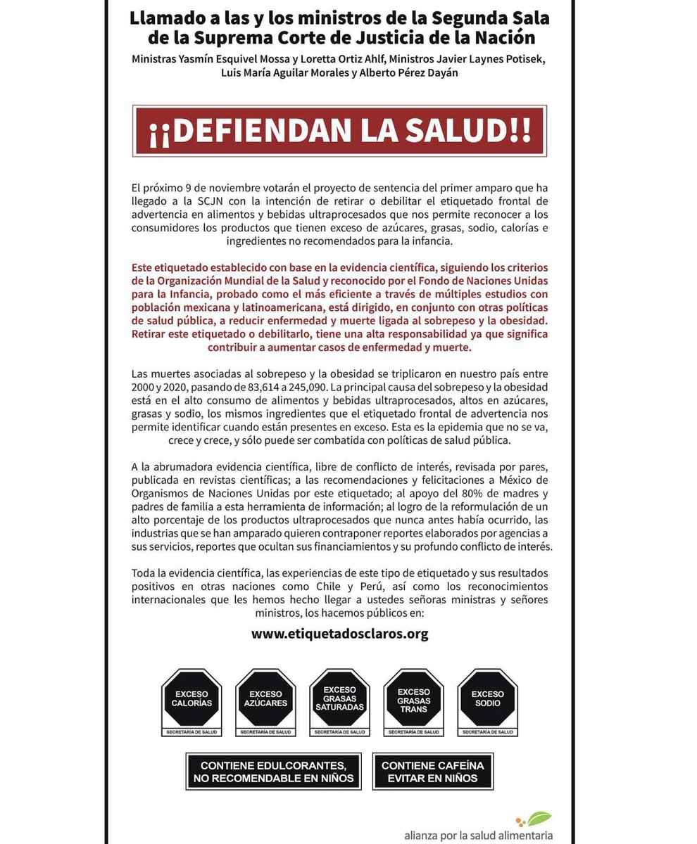 Llamado a la #SCJN para defender el #etiquetadoclaro a nombre de <a href="/actuaporlasalud/">Actúa por la salud</a> 

Nuevamente las refresqueras y otras compañías de #comidachatarra intentando revocarlo. Un día dicen que no funciona y al siguiente quieren que se elimine.