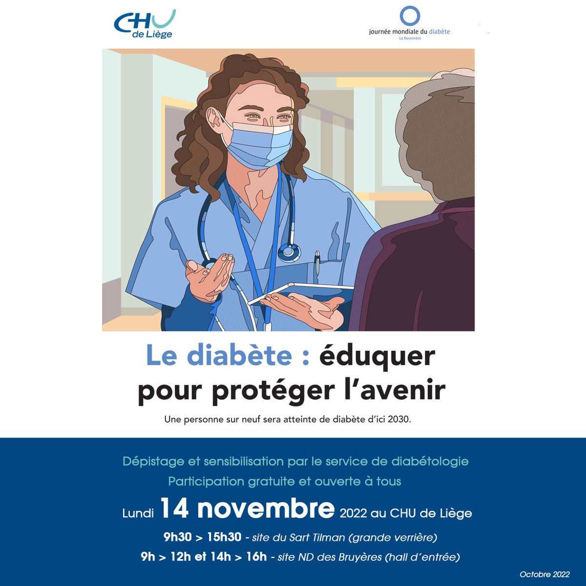 Journée mondiale du diabète 🏥 Dépistage gratuit par le service de diabétologie le lundi 14 novembre. 📍 Dans la grande verrière du Sart Tilman, de 9h30 à 15h30 📍 Dans le hall d'entrée de ND Bruyères, de 9h à 12h et de 14h à 16h 👐 Venez nous rencontrer ! #diabète #dépistage