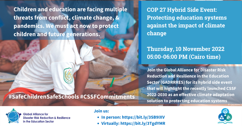 GADRRRES's tweet photo. ⛔️ The @GADRRRES #COP27 side event taking place on Thursday 10 November at 05:00 PM (Cairo time) will be available online! 
Register here👇 and join the event including speakers from @unesco, @save_children, @GPforEducation, @theGCF, @prudentialplc and more!