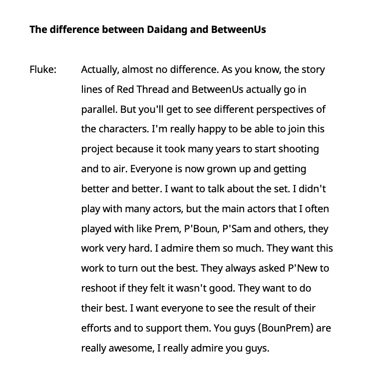 TowardIsolation's tweet photo. The difference between Daidang and BetweenUs

F: Actually, almost no difference. As you know, the storyline of Red Thread and BetweenUs actually goes in parallel. But you'll get to see different perspectives of the characters.  
#BetweenUsTheSeries 
#เจ้าแก้มก้อน
#prem_space https://t.co/ErwXYxiknM