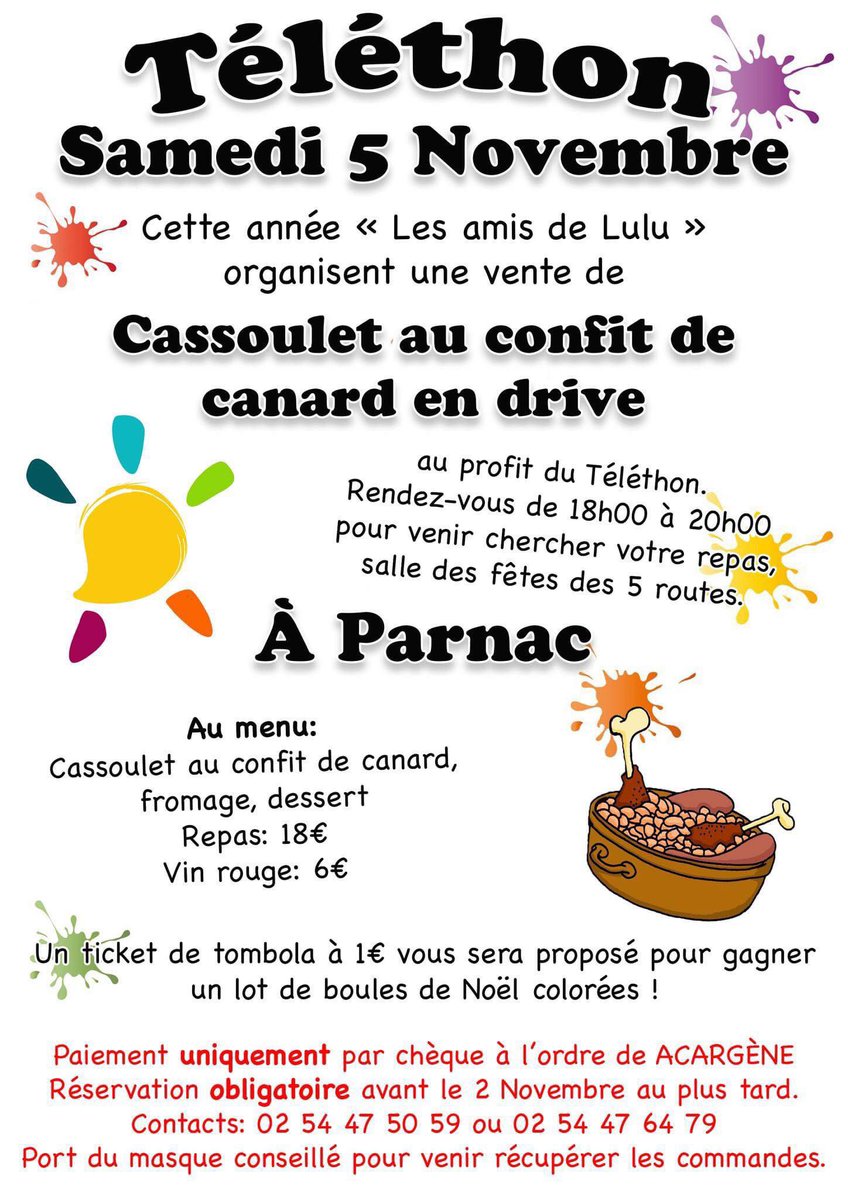 telethon_36's tweet photo. Envie d’un bon cassoulet au confit de canard ? Le bon endroit c’est Parnac ! Pensez à réserver avant le 2 novembre pour retirer vos repas le samedi 5 .
#parnac #telethon36 #telethon2022 https://t.co/50TrUODBKW
