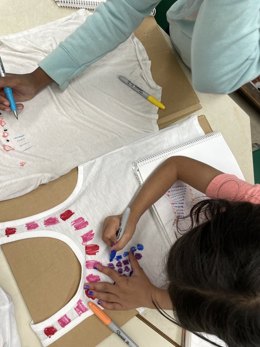 lorijonescbe's tweet photo. We are working hard on our pattern fashion design project today! First we sketched a plan, and now we are using sharpies to draw them onto our shirts. https://t.co/ms6Q1ScwIx