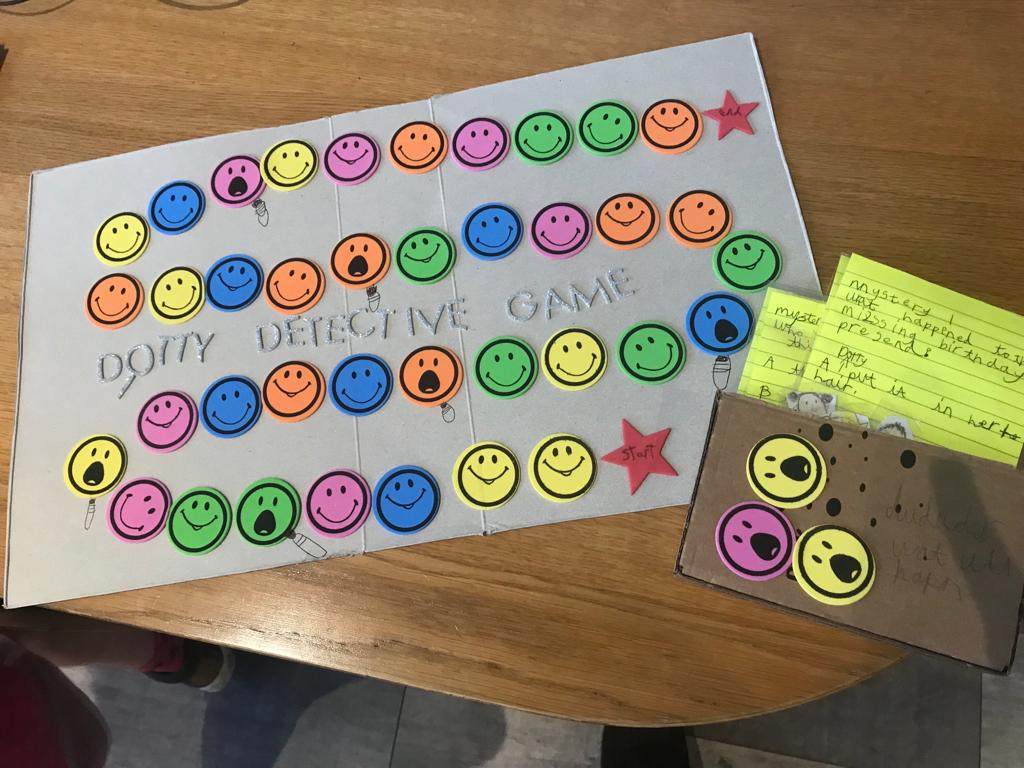 bryanjohnartist's tweet photo. @ClaraVulliamy my daughter made a dotty detective board game for her Rainbows 'book lover' badge and asked if I could share with you.

If you land on a magnifying glass/shocked face you have to answer a question about one of the books' mysteries to move on. https://t.co/RlJZMVlTr3