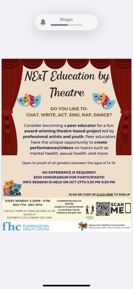 BIG ANNOUNCEMENT! We are recruiting new peer educators from Thorncliffe/Flemingdon Park 🤩

🤷🏿‍♀️INFORMATION SESH TOMORROW <a href="/fhc_chc/">Flemingdon Health Centre</a> at 3:30pm and we will have PIZZA!!! 😭

🗓Program runs Mondays after school Nov 7-Dec 19

🙋🏽‍♂️DM us with questions and please share! :)