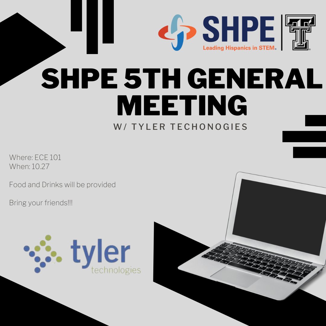 Hey Familia, SHPE will be having @tylertechnologies come out this week. We look forward to having them and letting them get to know our great members. Feel free to come out and enjoy some food and drinks.

#shperegion5 #shpettu #shpe #shpefamilia #ttudiversity #ttuengineering