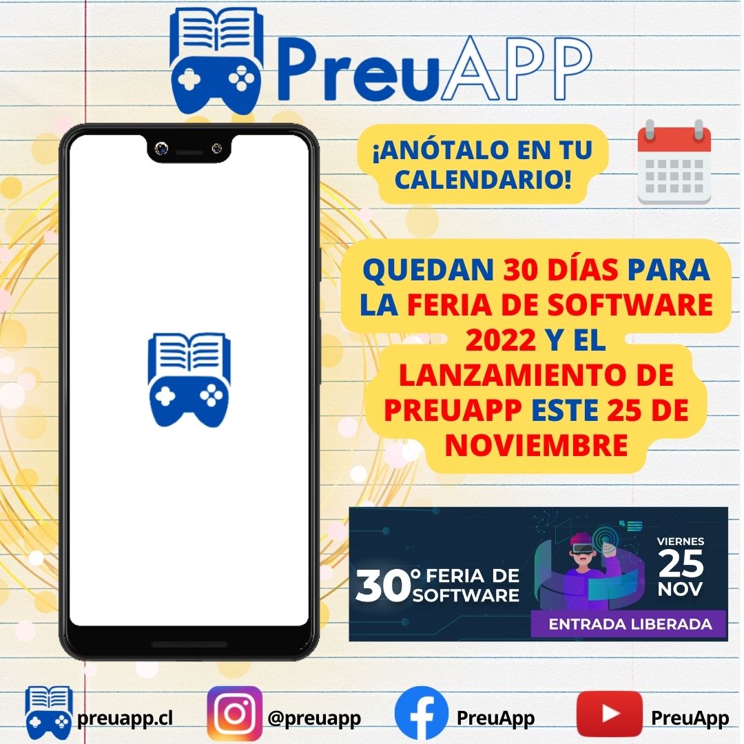 PreuApp's tweet photo. 🚨 Comenzamos con la cuenta regresiva 🚨
Quedan 30 días para la realización de la Feria de Software USM 2022 🏫 y el lanzamiento de la aplicación de PreuApp 📱 este 25 de Noviembre 🤩.
#PreuApp #PAES #FESW2022 #innovación #utfsm #usm #feriadesoftware
#FESW30AÑOS #informsticausm https://t.co/AEY7lNZS5r