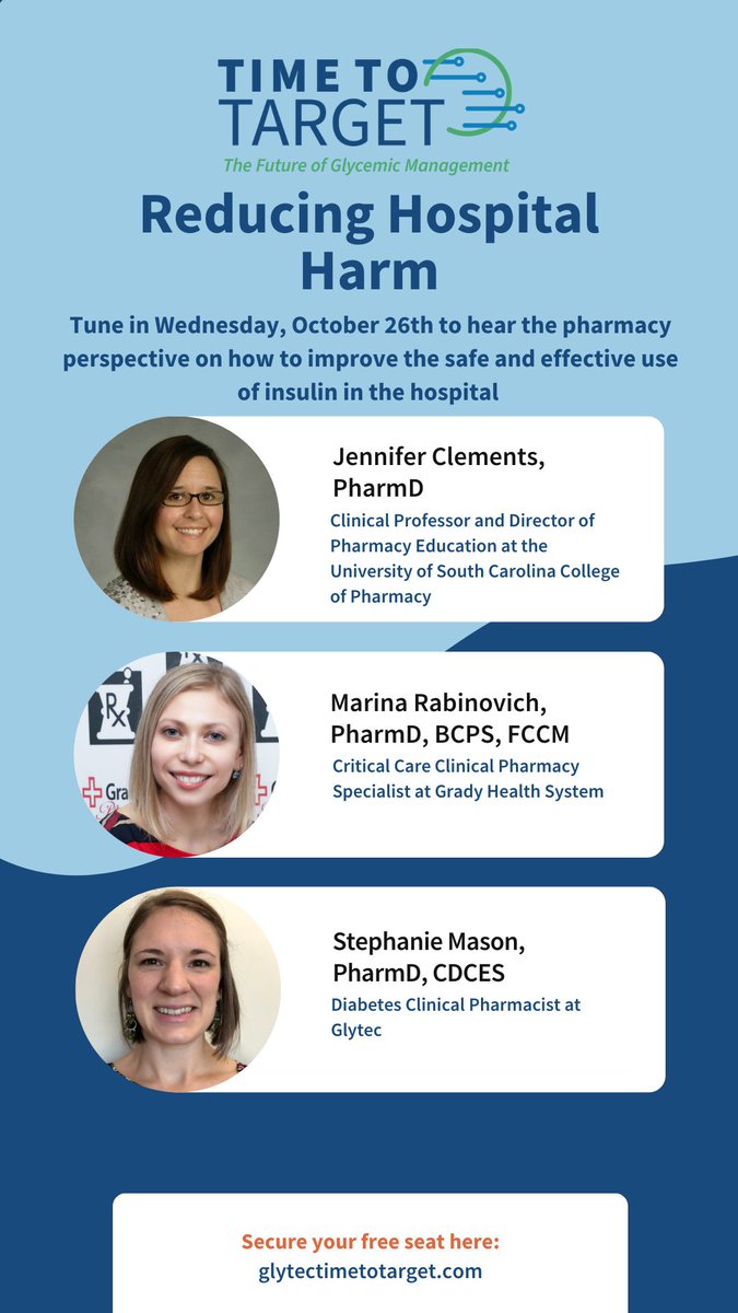 The #pharmacy department is a key stakeholder in your hospital's #insulin management program. Tune in to Reducing Hospital Harm today at 2:05 PM EST #TimetoTarget22 Register/Attend here: glytectimetotarget.com