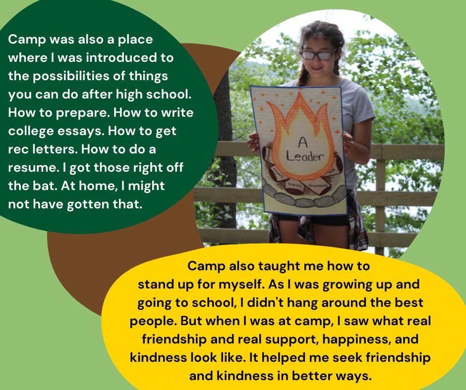CampSusanCurtis's tweet photo. How has camp affected you? It’s a big question, and Jasmine joins us for one last time this week to share how her time at Camp Susan Curtis has had a positive impact on her life goals and helped her navigate her plans for the future.  #campcommunity https://t.co/bdeDOyRJMs