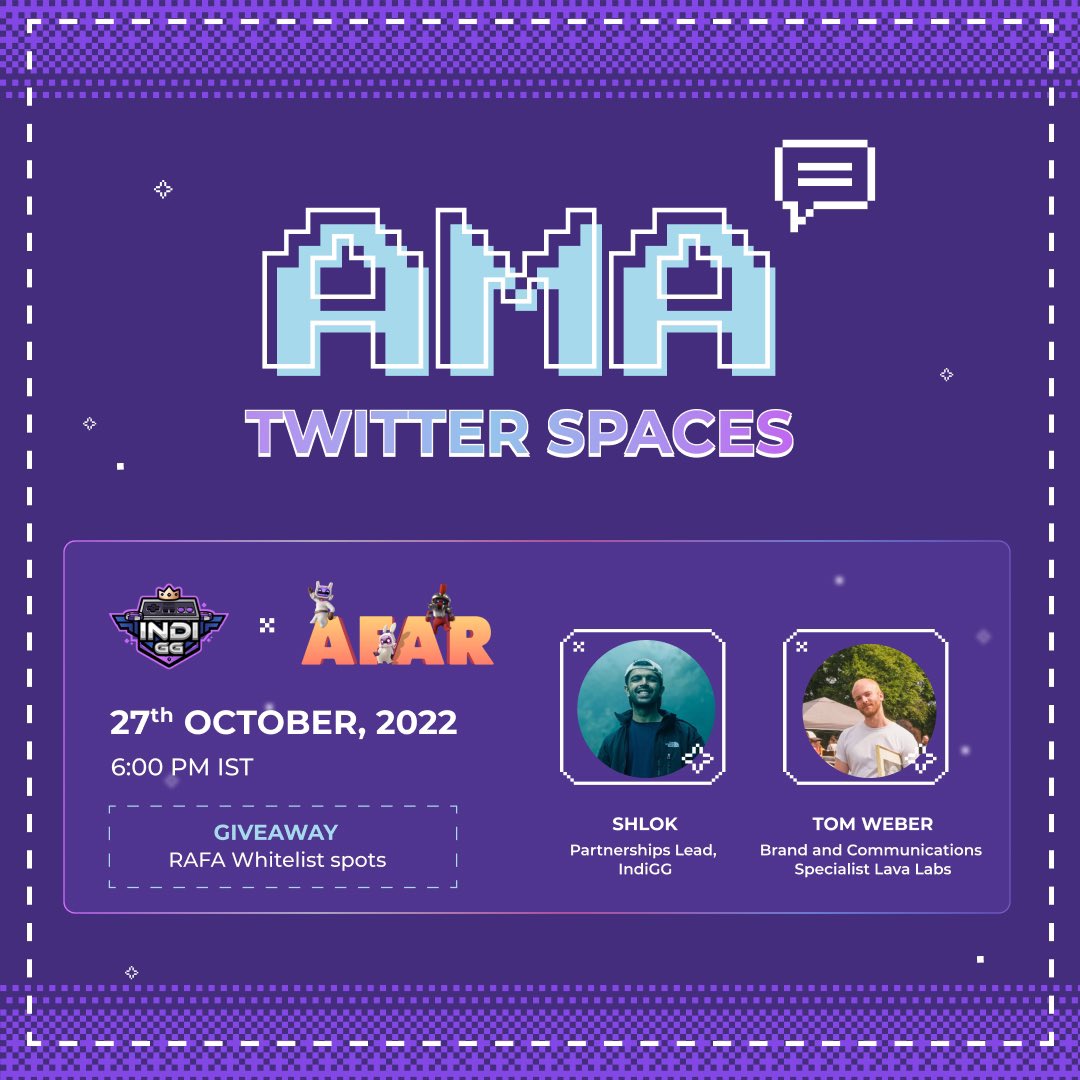 KGeN_Community's tweet photo. For the #IndiGG Clan👨‍👩‍👧‍👧

It promises to be an AMA-zing #AMA with @playafar🎮

IndiGG partnership Lead, Shlok &amp; Lava Labs Brand and communication specialist Tom Weber will speak🔥 🚀 

🎁 Giveaway of RAFA WLs!

⏰ 6pm IST

📅 27th October, 2022

📍 https://t.co/5t7XzscOtU https://t.co/QKzWNmmDXw
