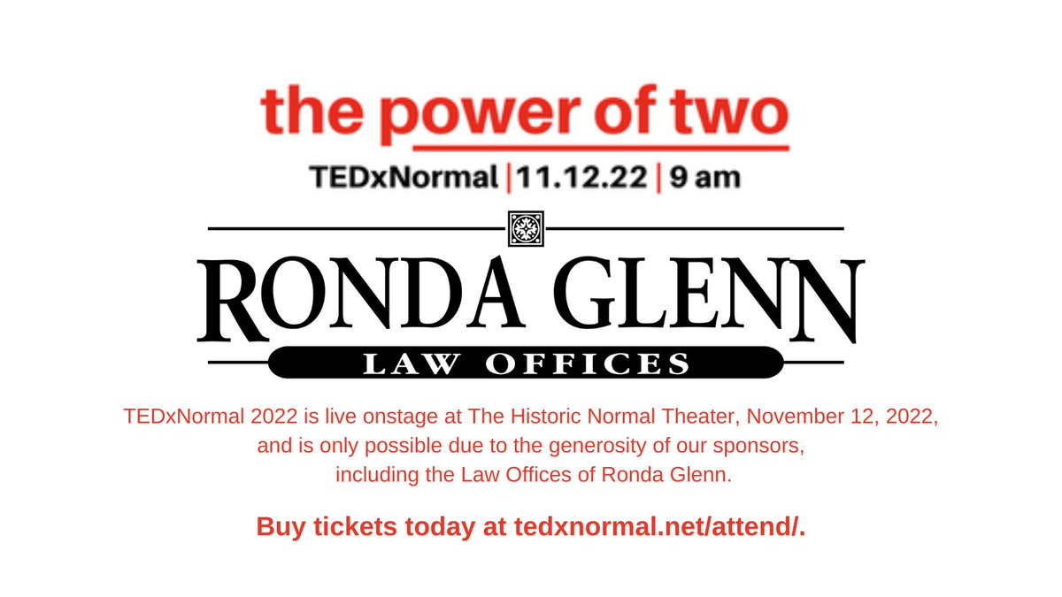 TEDxNormal's tweet image. Buy your tickets today and support TEDxNormal!
Tickets are on sale now at tedxnormal.net/attend.
Join us Nov 12 from 9–1 pm at the Normal Theater. 
Don’t miss the brilliant ideas and insights from our amazing speakers! 

#tedx #poweroftwo #ideasthatinspire #speakers