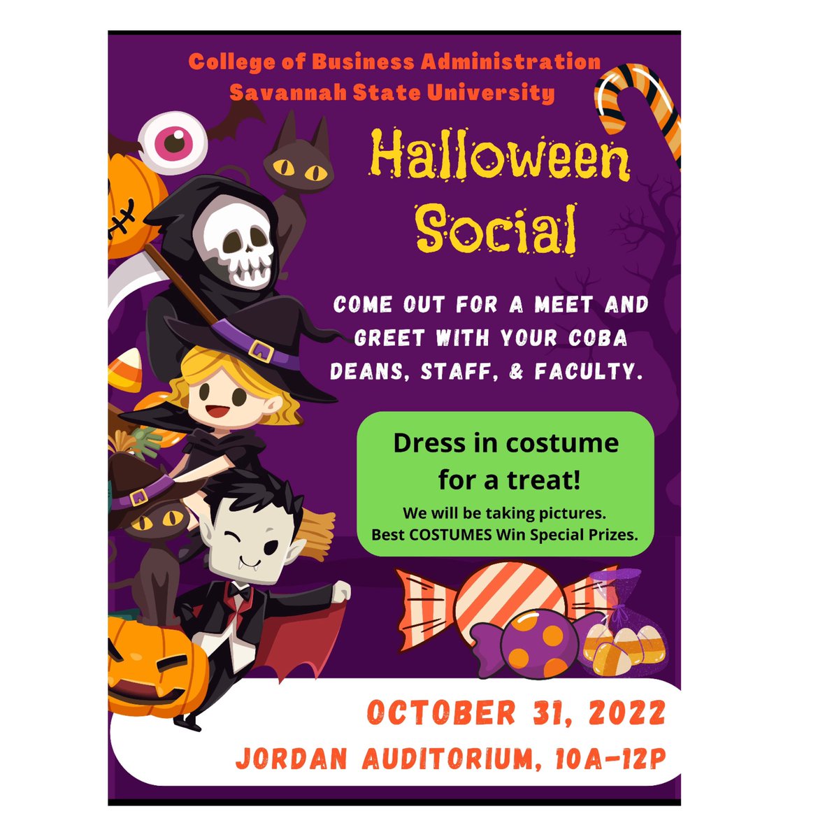 ssucoba's tweet photo. Come meet and greet your COBA deans, staff, and faculty on Halloween from 10am - 12pm ! Come dressed in your costume for a treat and a chance to win a prize for best costume ! https://t.co/egC9Is67Cz