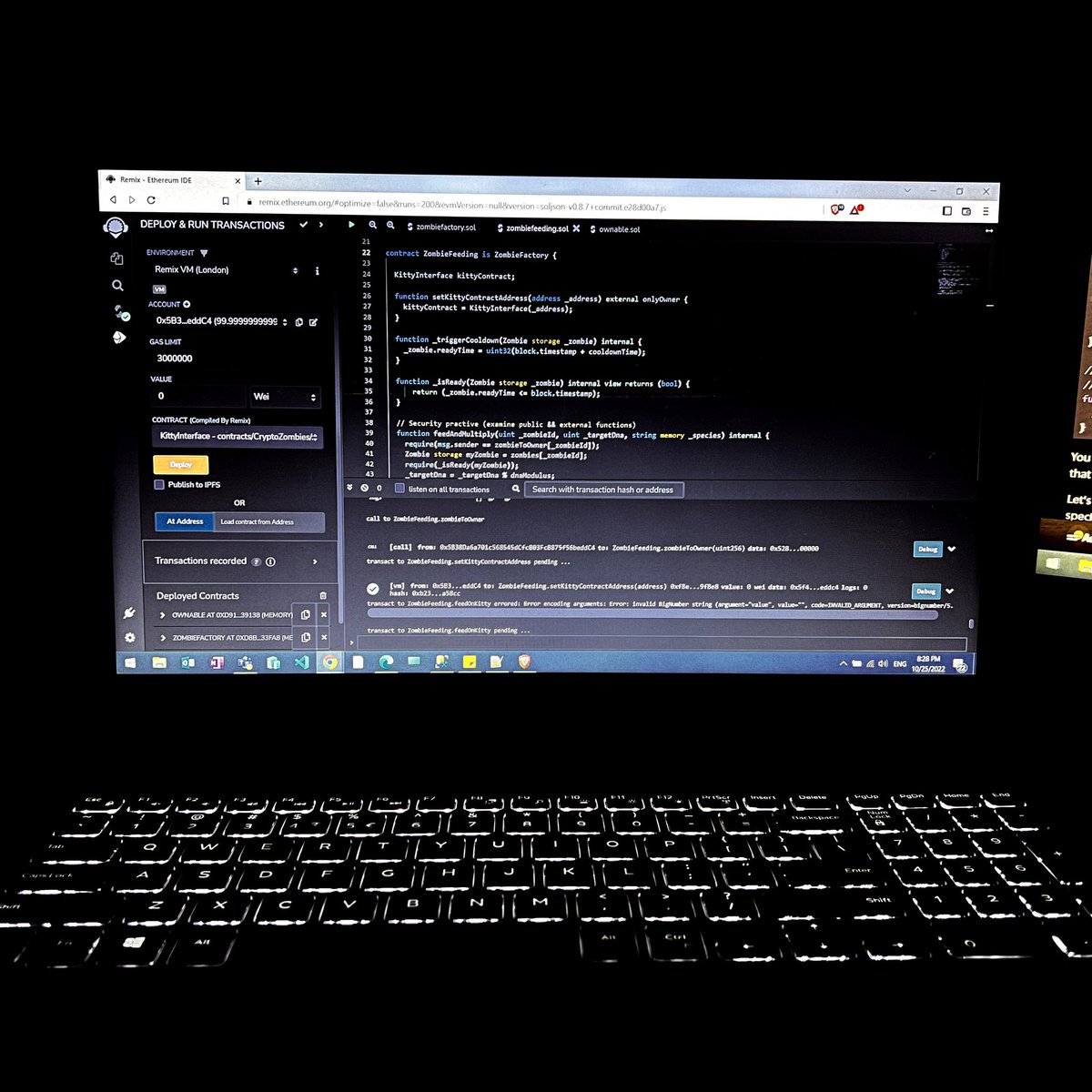 CornelWeb3's tweet image. ✅Day 21/100 coding and learning smart-contracts 

👨‍💻Continuing with CryptoZombies course and learning a little more about public functions and security.

#blockchainprogramming #coding #smartcontracts #solidity #web3