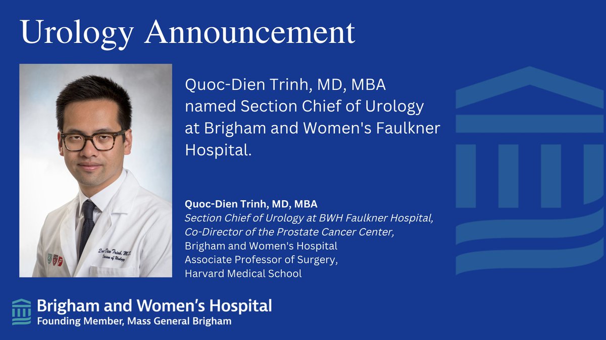 Brigham and Women's Hospital Department of Urology (@bwhurology) on Twitter photo Congratulations to <a href="/qdtrinh/">Quoc-Dien Trinh, MD, MBA</a>, who has been named Section Chief of Urology at Brigham and Women's Faulkner Hospital effective Tuesday, November 1st!
🔗:brighamandwomensfaulkner.org/about-bwfh/new… Congratulations to <a href="/qdtrinh/">Quoc-Dien Trinh, MD, MBA</a>, who has been named Section Chief of Urology at Brigham and Women's Faulkner Hospital effective Tuesday, November 1st!
🔗:brighamandwomensfaulkner.org/about-bwfh/new…