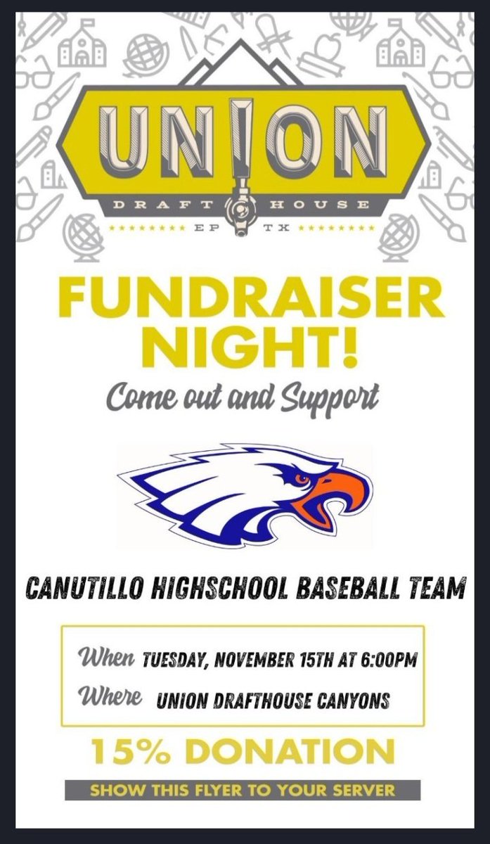 Canutillo High School Baseball fundraiser !! Please come out to support your Eagles !! Show this flyer to your server !!
<a href="/Fchavezeptimes/">Felix Chavez</a>