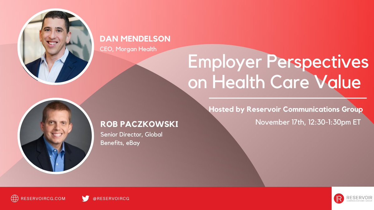 Reservoir Communications Group (@reservoircg) on Twitter photo SAVE THE DATE: Join Reservoir Communications Group on 11/17 at 12:30pm ET for a webinar discussing employers’ views around the value of employee-centered benefits. RSVP today to learn more from <a href="/MorganHealth/">Morgan Health</a>’s <a href="/dnmendelson/">Dan Mendelson</a> and <a href="/eBay/">eBay</a>’s <a href="/PaczkowskiRob/">Rob Paczkowski</a>: bit.ly/3DnwRZv. SAVE THE DATE: Join Reservoir Communications Group on 11/17 at 12:30pm ET for a webinar discussing employers’ views around the value of employee-centered benefits. RSVP today to learn more from <a href="/MorganHealth/">Morgan Health</a>’s <a href="/dnmendelson/">Dan Mendelson</a> and <a href="/eBay/">eBay</a>’s <a href="/PaczkowskiRob/">Rob Paczkowski</a>: bit.ly/3DnwRZv.