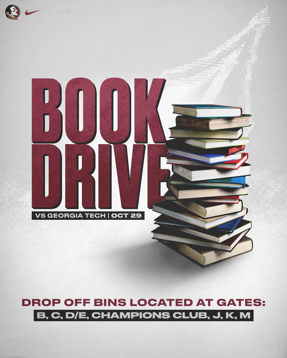 We are hosting a book drive at Saturday’s home game against Georgia Tech! Drop-off bins will be located at gates around the stadium, and all books will be donated to local schools in Leon County #NoleFamily | #KeepCLIMBing