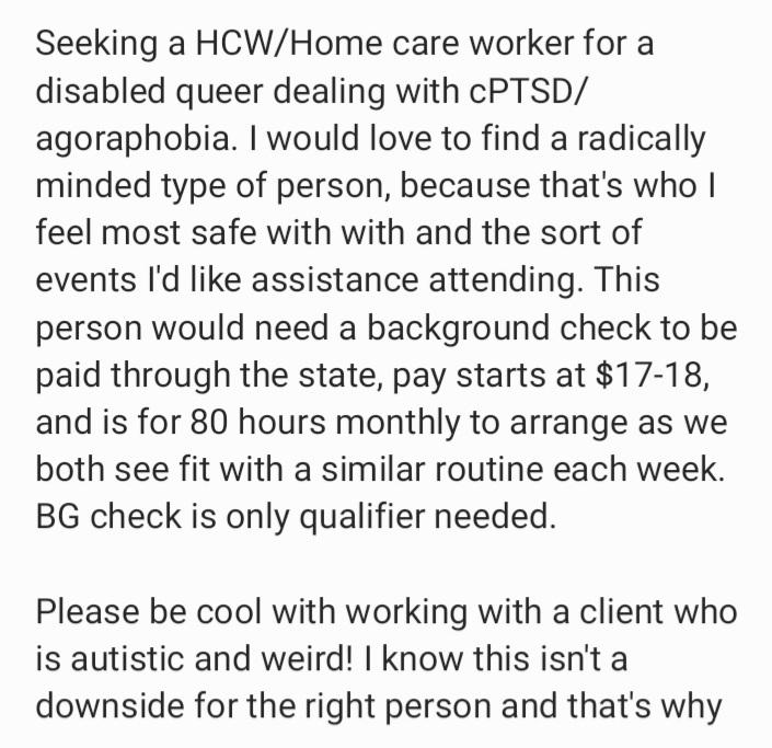 job_bloc's tweet photo. A community member needs a home care worker. Part-time, $17 -18/hr. DM if interested https://t.co/9FZ6uybmu2