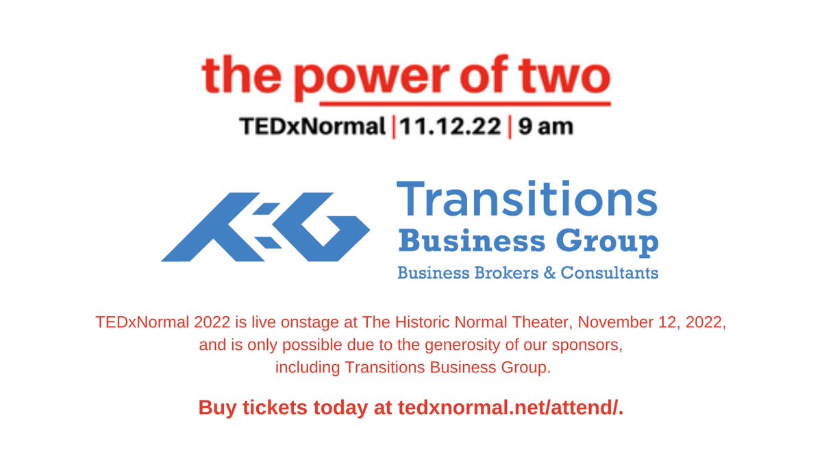 TEDxNormal's tweet image. Buy your tickets today and support TEDxNormal!
Tickets are on sale now at tedxnormal.net/attend.
Join us on Nov 12 from 9–1 pm at the Normal Theater. 
Don’t miss the brilliant ideas and insights from our amazing speakers! 
#tedx #poweroftwo #ideasthatinspire #speakers