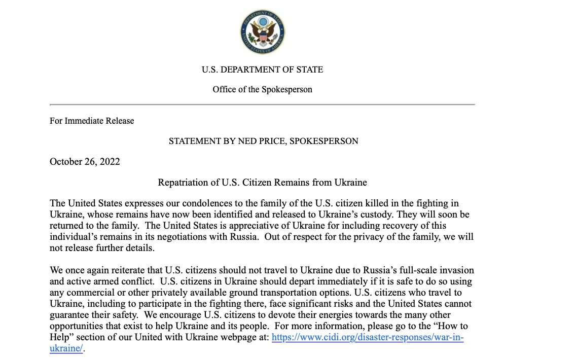 US appreciative of Ukraine for including recovery of an individual's remains in its negotiations with Russia, says @StateDeptSpox. 'Out of respect for the privacy of the family, we will not release further details' liveuamap.com/en/2022/26-oct… via @W7VOA #Ukraine