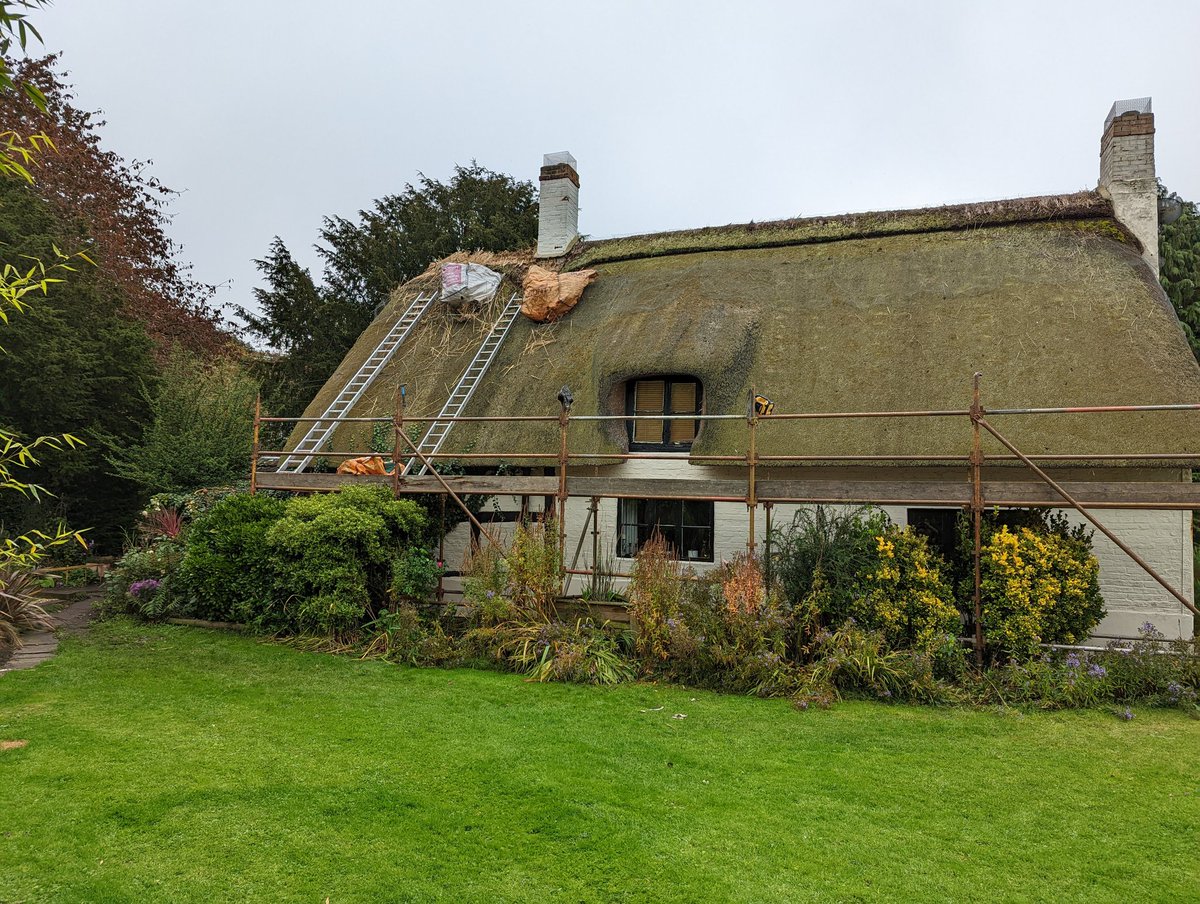villagethatcher's tweet photo. Moss removed, the coat repaired and a new ridge transforms this c.16th cottage. #thatching #craft #qest https://t.co/QlZ2wq29Yr