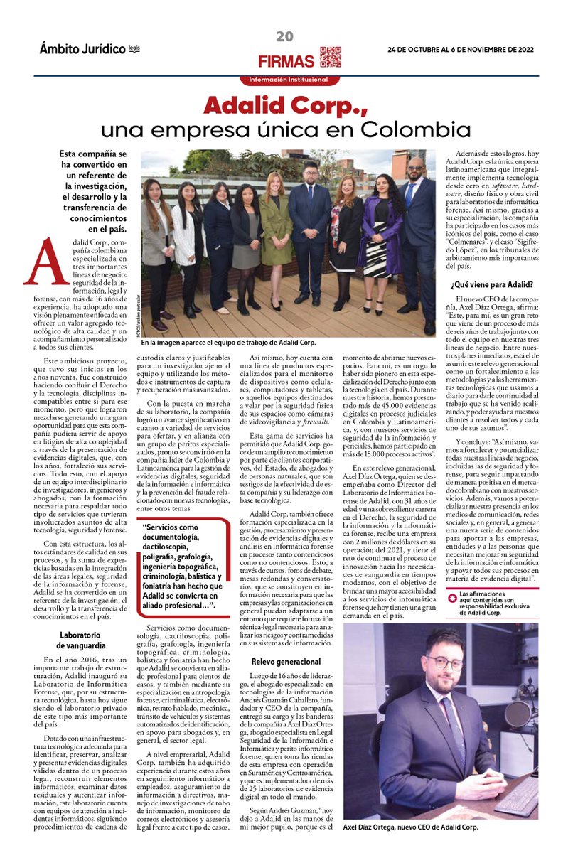 Hoy es un excelente día en ADALID CORP, en la más reciente edición de <a href="/Ambitojuridico/">Ámbito Jurídico</a> somos destacados como compañía única en Colombia, a la vanguardia en servicios tecnológicos, forenses y de seguridad de la información. 

Link de la nota completa ➡️ lnkd.in/ejGQZiq2