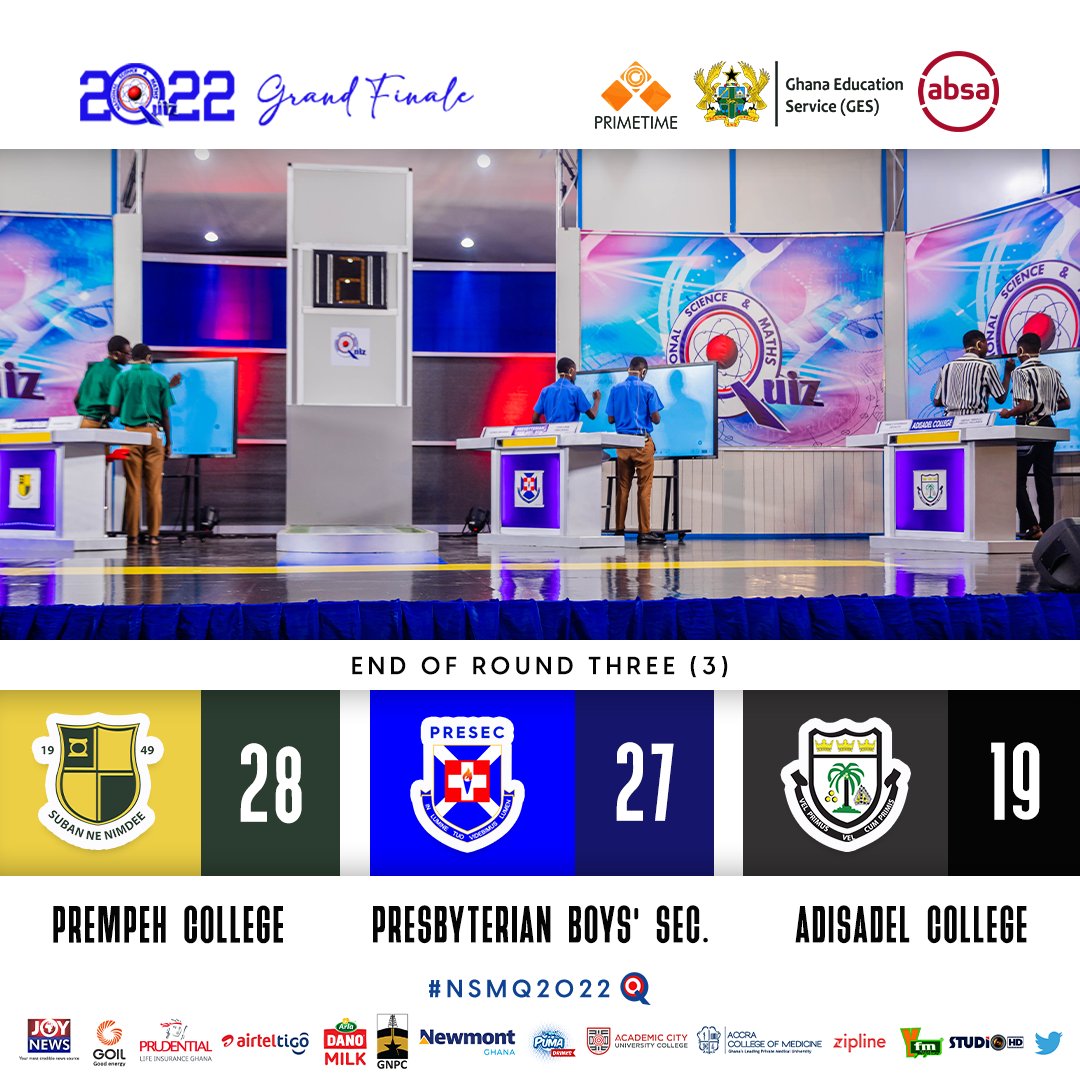 NSMQGhana's tweet photo. #NSMQFinal

END OF ROUND 3 

Prudential Life Insurance @PruLifeGhana 

#NSMQ2022 #Primetime #AbsaMoneyZone https://t.co/VjD5VOEAoL