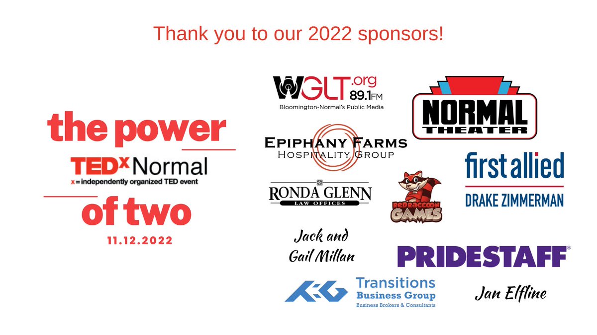 TEDxNormal's tweet image. TEDxNormal 2022 is just over one week away! Buy your tickets today at tedxnormal.net/attend. 

Thanks to our amazing sponsors for helping bring this event back to the Historic Normal Theater. 

#tedx #poweroftwo #ideasthatinspire #speakers
