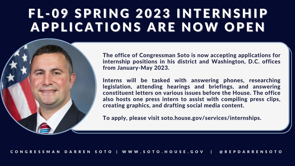 #TeamSoto is now accepting internship applications for the Spring 2023 semester! #FL9 students interested in interning in the district or Washington, D.C., from January — May are invited to apply at soto.house.gov/services/inter…